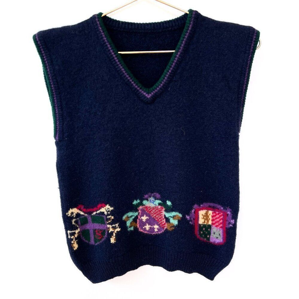 Vintage Wool Navy Blue Crest Wool Sweater Vest